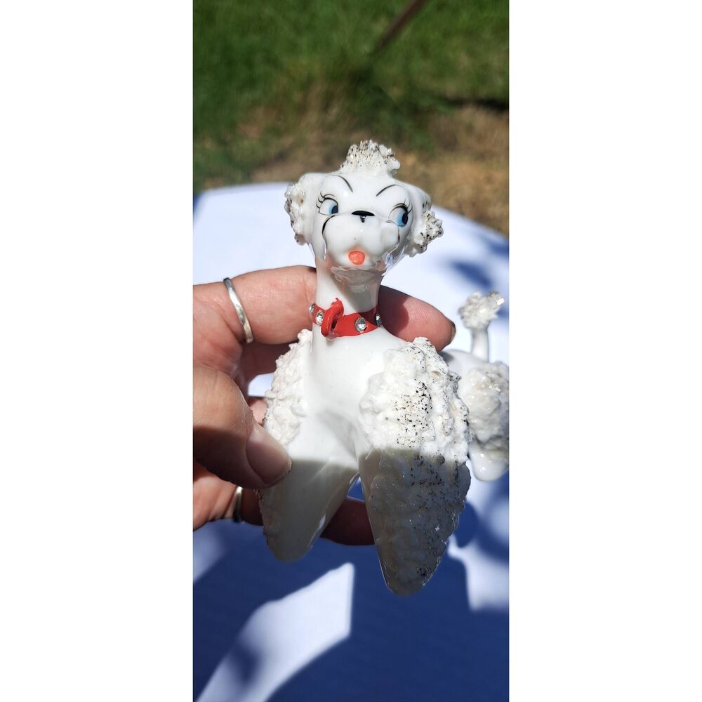 Vintage Lipper & Mann L&M Japan Spaghetti Poodle Figurine White Red Collar 4.5